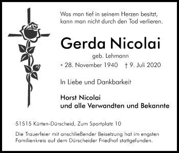 Anzeige von Gerda Nicolai von Kölner Stadt-Anzeiger / Kölnische Rundschau / Express