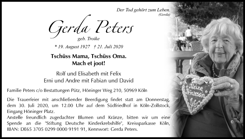  Traueranzeige für Gerda Peters vom 25.07.2020 aus Kölner Stadt-Anzeiger / Kölnische Rundschau / Express