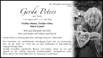 Anzeige von Gerda Peters von Kölner Stadt-Anzeiger / Kölnische Rundschau / Express