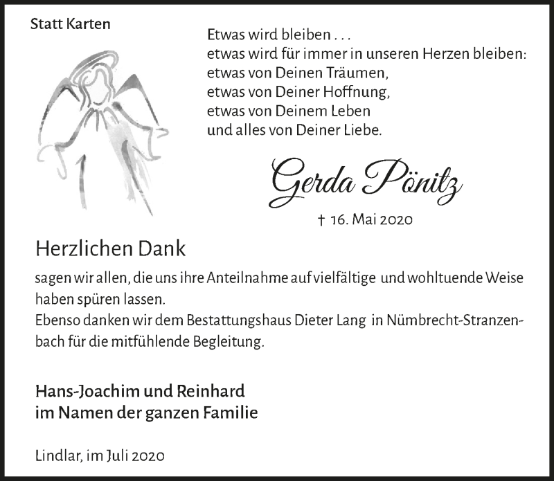  Traueranzeige für Gerda Pönitz vom 10.07.2020 aus  Anzeigen Echo 