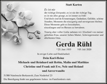 Anzeige von Gerda Rühl von  Lokalanzeiger 