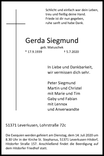 Anzeige von Gerda Siegmund von Kölner Stadt-Anzeiger / Kölnische Rundschau / Express