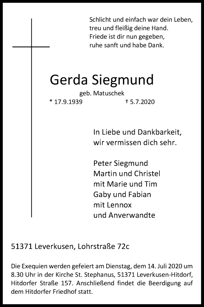  Traueranzeige für Gerda Siegmund vom 11.07.2020 aus Kölner Stadt-Anzeiger / Kölnische Rundschau / Express