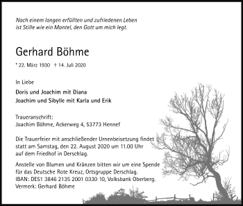 Anzeige von Gerhard Böhme von Kölner Stadt-Anzeiger / Kölnische Rundschau / Express