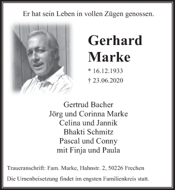 Anzeige von Gerhard Marke von  Wochenende 