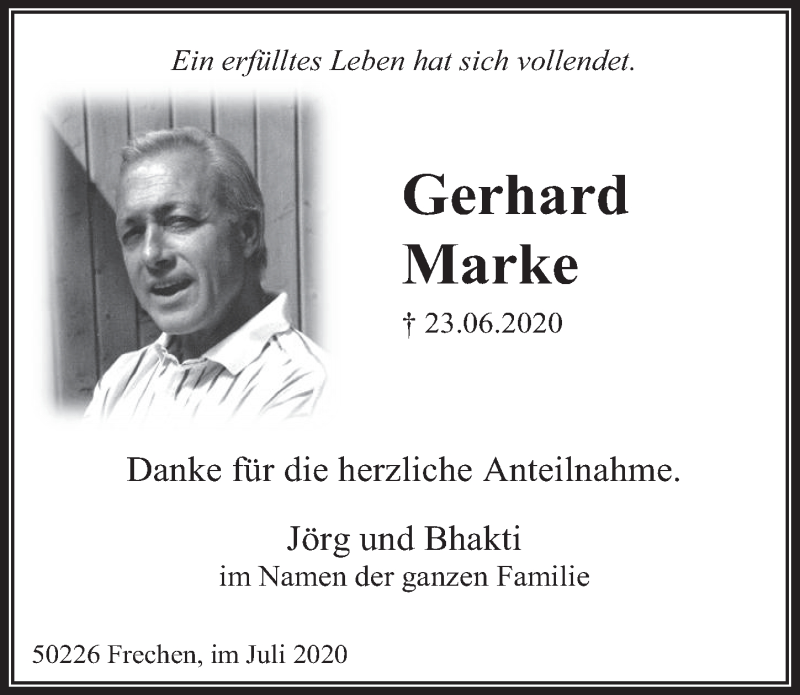  Traueranzeige für Gerhard Marke vom 17.07.2020 aus  Wochenende 