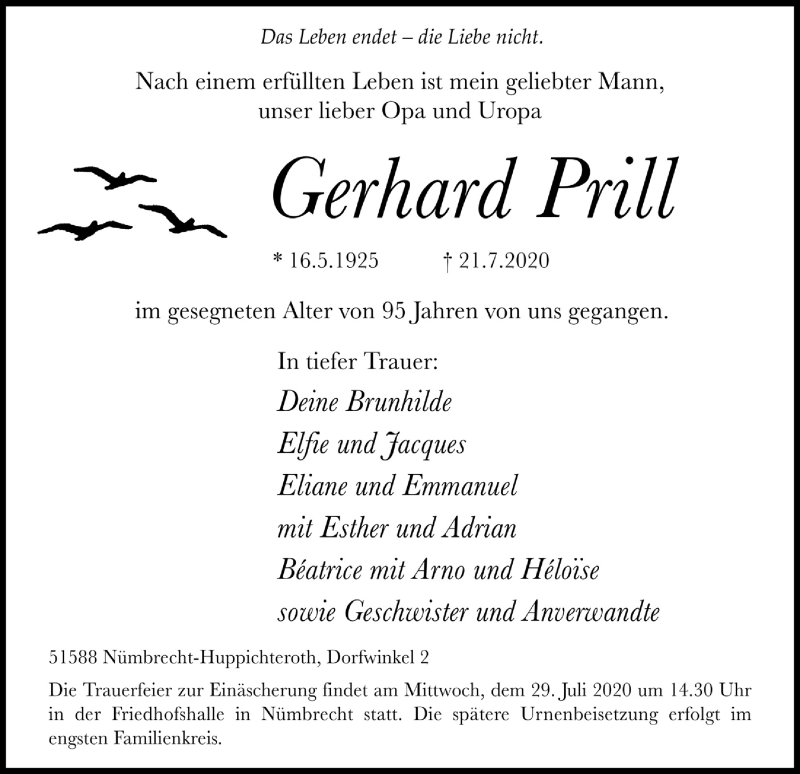  Traueranzeige für Gerhard Prill vom 24.07.2020 aus  Lokalanzeiger 