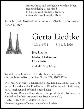 Anzeige von Gerta Liedtke von Kölner Stadt-Anzeiger / Kölnische Rundschau / Express