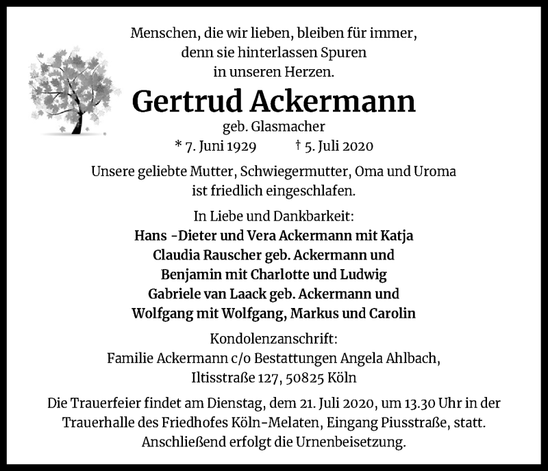  Traueranzeige für Gertrud Ackermann vom 11.07.2020 aus Kölner Stadt-Anzeiger / Kölnische Rundschau / Express