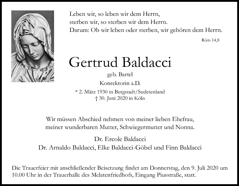  Traueranzeige für Gertrud Baldacci vom 04.07.2020 aus Kölner Stadt-Anzeiger / Kölnische Rundschau / Express