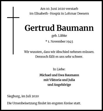 Anzeige von Gertrud Baumann von Kölner Stadt-Anzeiger / Kölnische Rundschau / Express