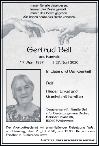 Anzeige von Gertrud Bell von  Blickpunkt Euskirchen 