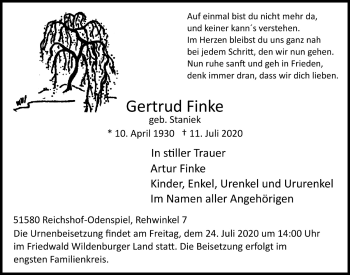 Anzeige von Gertrud Finke von  Lokalanzeiger 