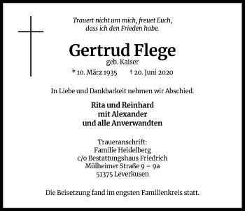 Anzeige von Gertrud Flege von Kölner Stadt-Anzeiger / Kölnische Rundschau / Express