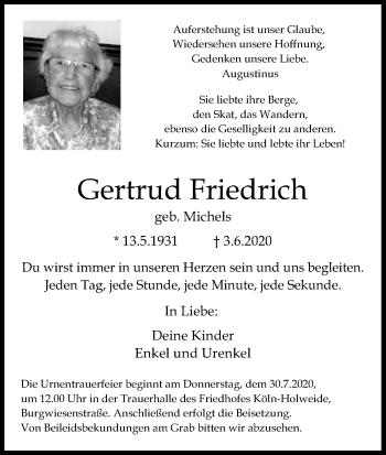 Anzeige von Gertrud Friedrich von Kölner Stadt-Anzeiger / Kölnische Rundschau / Express