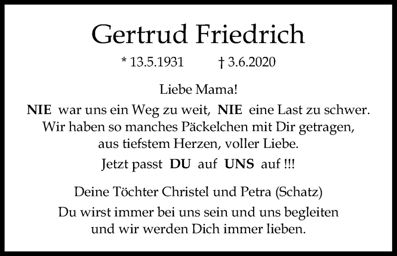  Traueranzeige für Gertrud Friedrich vom 25.07.2020 aus Kölner Stadt-Anzeiger / Kölnische Rundschau / Express