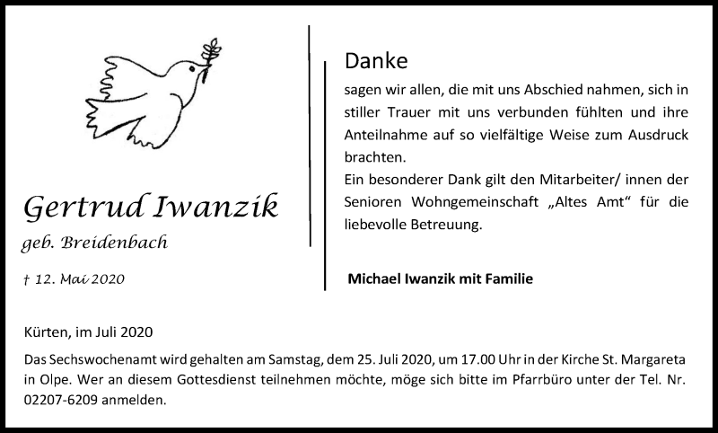  Traueranzeige für Gertrud Iwanzik vom 18.07.2020 aus Kölner Stadt-Anzeiger / Kölnische Rundschau / Express