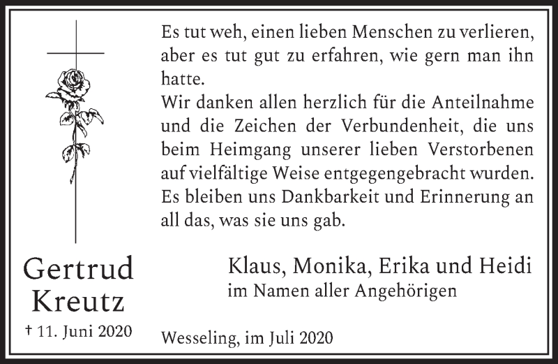  Traueranzeige für Gertrud Kreutz vom 10.07.2020 aus  Schlossbote/Werbekurier 