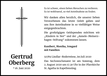 Anzeige von Gertrud Oberberg von Kölner Stadt-Anzeiger / Kölnische Rundschau / Express