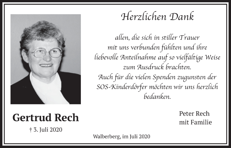  Traueranzeige für Gertrud Rech vom 24.07.2020 aus  Schlossbote/Werbekurier 