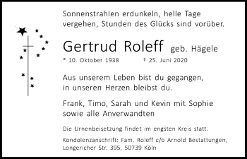 Anzeige von Gertrud Roleff von Kölner Stadt-Anzeiger / Kölnische Rundschau / Express