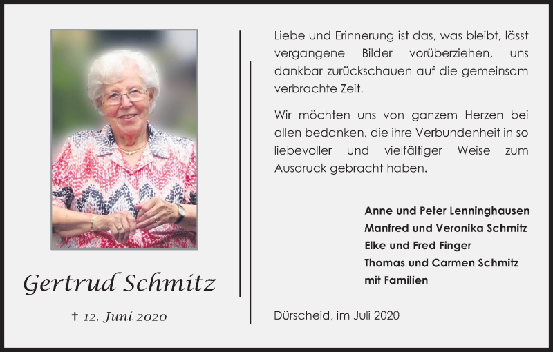  Traueranzeige für Gertrud Schmitz vom 11.07.2020 aus Kölner Stadt-Anzeiger / Kölnische Rundschau / Express