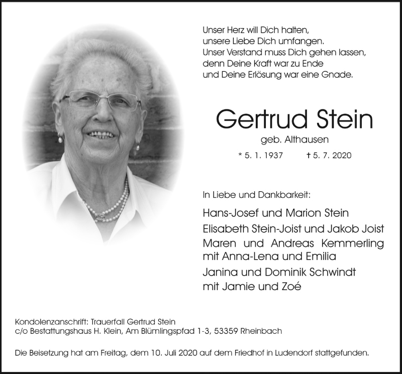  Traueranzeige für Gertrud Stein vom 10.07.2020 aus  Schaufenster/Blickpunkt 