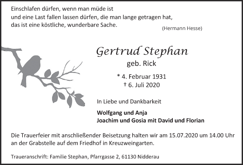  Traueranzeige für Gertrud Stephan vom 11.07.2020 aus  Blickpunkt Euskirchen 
