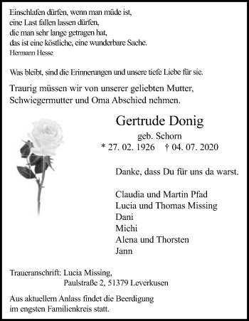 Anzeige von Gertrude Donig von Kölner Stadt-Anzeiger / Kölnische Rundschau / Express