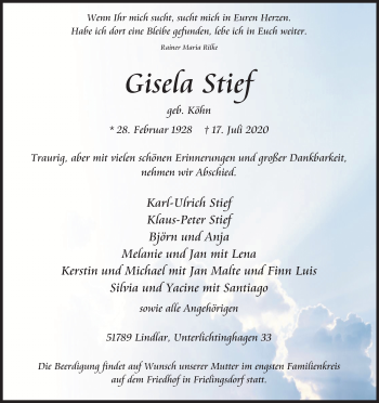Anzeige von Gisda Stief von Kölner Stadt-Anzeiger / Kölnische Rundschau / Express