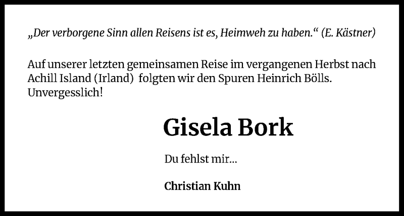  Traueranzeige für Gisela Bork vom 04.07.2020 aus Kölner Stadt-Anzeiger / Kölnische Rundschau / Express