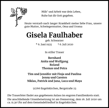Anzeige von Gisela Faulhaber von Kölner Stadt-Anzeiger / Kölnische Rundschau / Express