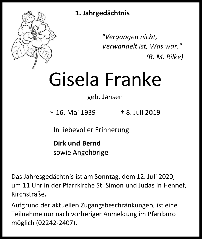  Traueranzeige für Gisela Franke vom 04.07.2020 aus Kölner Stadt-Anzeiger / Kölnische Rundschau / Express