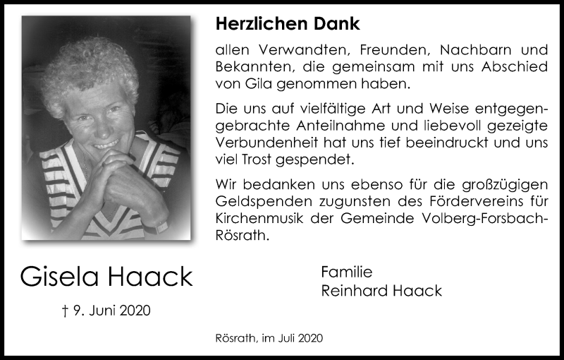  Traueranzeige für Gisela Haack vom 08.07.2020 aus Kölner Stadt-Anzeiger / Kölnische Rundschau / Express