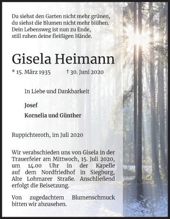 Anzeige von Gisela Heimann von Kölner Stadt-Anzeiger / Kölnische Rundschau / Express