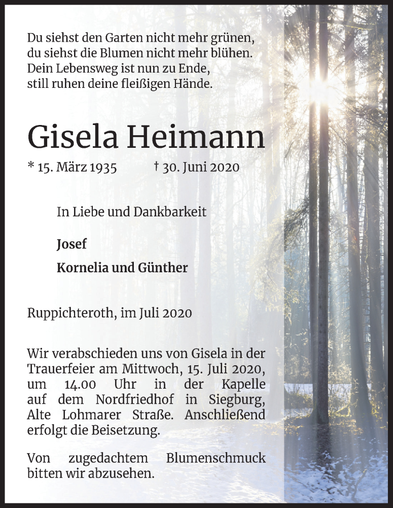  Traueranzeige für Gisela Heimann vom 11.07.2020 aus Kölner Stadt-Anzeiger / Kölnische Rundschau / Express