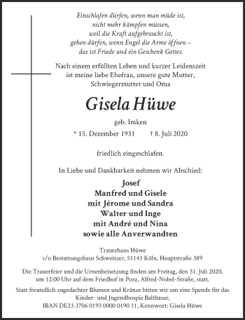 Anzeige von Gisela Hüwe von  Kölner Wochenspiegel 