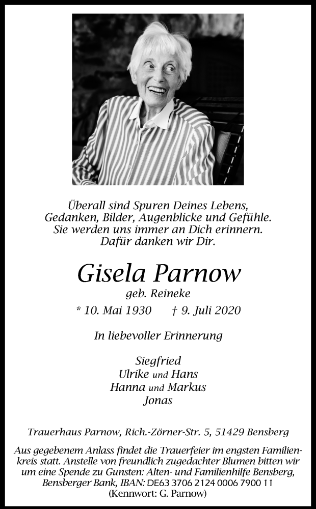  Traueranzeige für Gisela Parnow vom 15.07.2020 aus Kölner Stadt-Anzeiger / Kölnische Rundschau / Express
