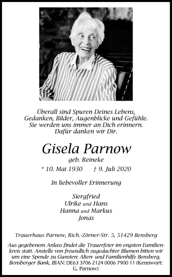 Anzeige von Gisela Parnow von Kölner Stadt-Anzeiger / Kölnische Rundschau / Express