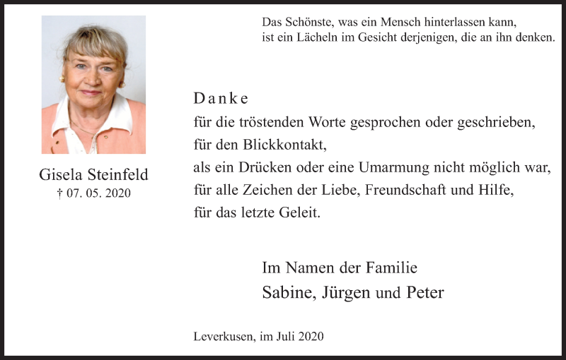  Traueranzeige für Gisela Steinfeld vom 04.07.2020 aus Kölner Stadt-Anzeiger / Kölnische Rundschau / Express