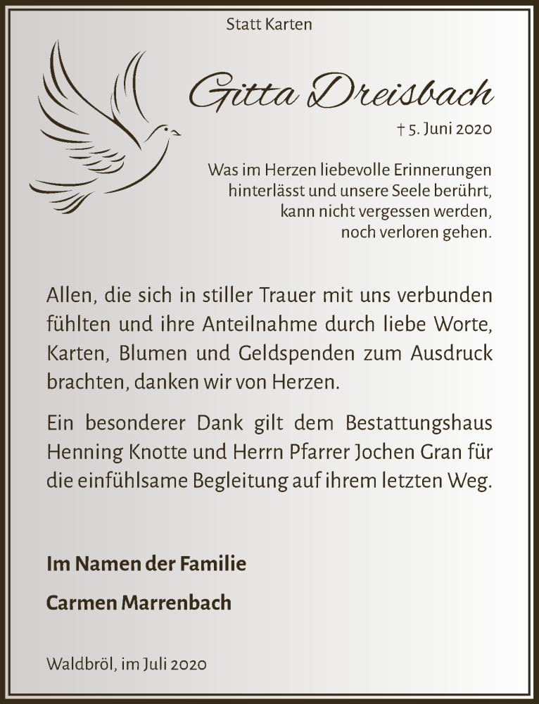  Traueranzeige für Gitta Dreisbach vom 24.07.2020 aus  Lokalanzeiger 