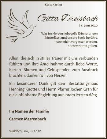 Anzeige von Gitta Dreisbach von  Lokalanzeiger 