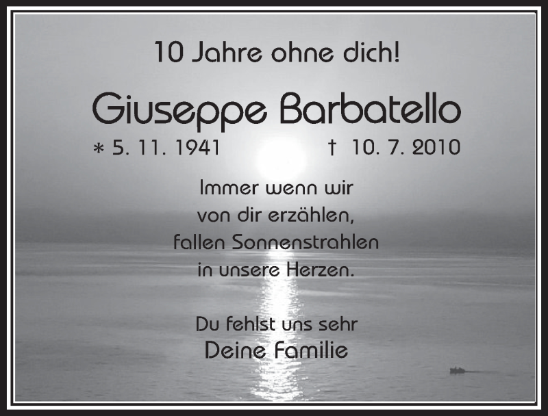  Traueranzeige für Giuseppe Barbatello vom 10.07.2020 aus  Werbepost 