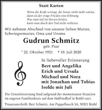 Anzeige von Gudrun Schmitz von  Schlossbote/Werbekurier 