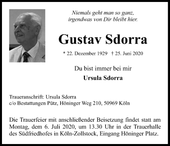 Anzeige von Gustav Sdorra von Kölner Stadt-Anzeiger / Kölnische Rundschau / Express