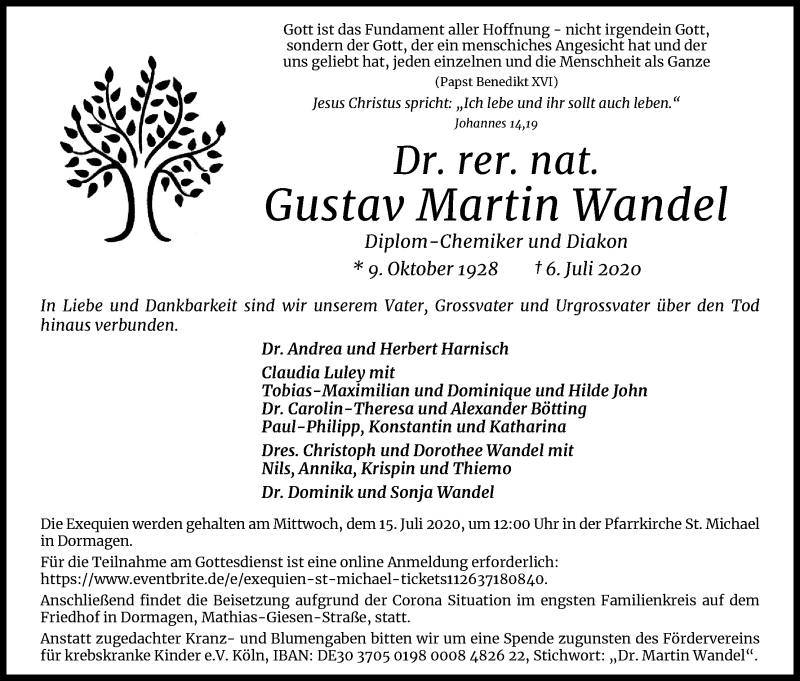  Traueranzeige für Gustav Martin Wandel vom 11.07.2020 aus Kölner Stadt-Anzeiger / Kölnische Rundschau / Express