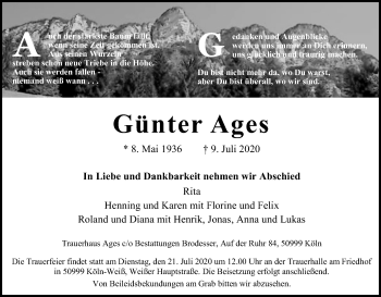 Anzeige von Günter Ages von Kölner Stadt-Anzeiger / Kölnische Rundschau / Express