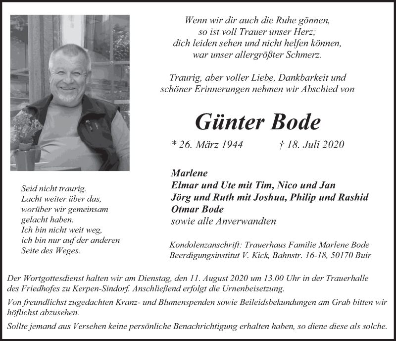  Traueranzeige für Günter Bode vom 31.07.2020 aus  Werbepost 
