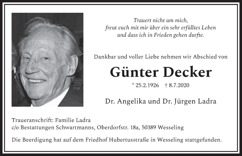  Traueranzeige für Günter Decker vom 17.07.2020 aus  Schlossbote/Werbekurier 
