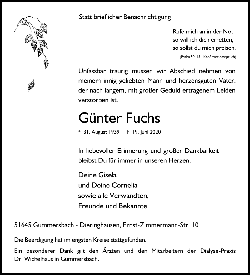  Traueranzeige für Günter Fuchs vom 04.07.2020 aus Kölner Stadt-Anzeiger / Kölnische Rundschau / Express